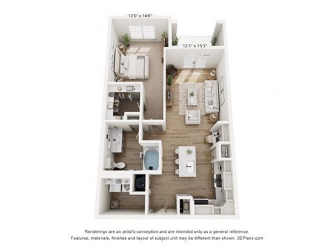 Floor plan for 1 bed, 1 bath, 865 sqft